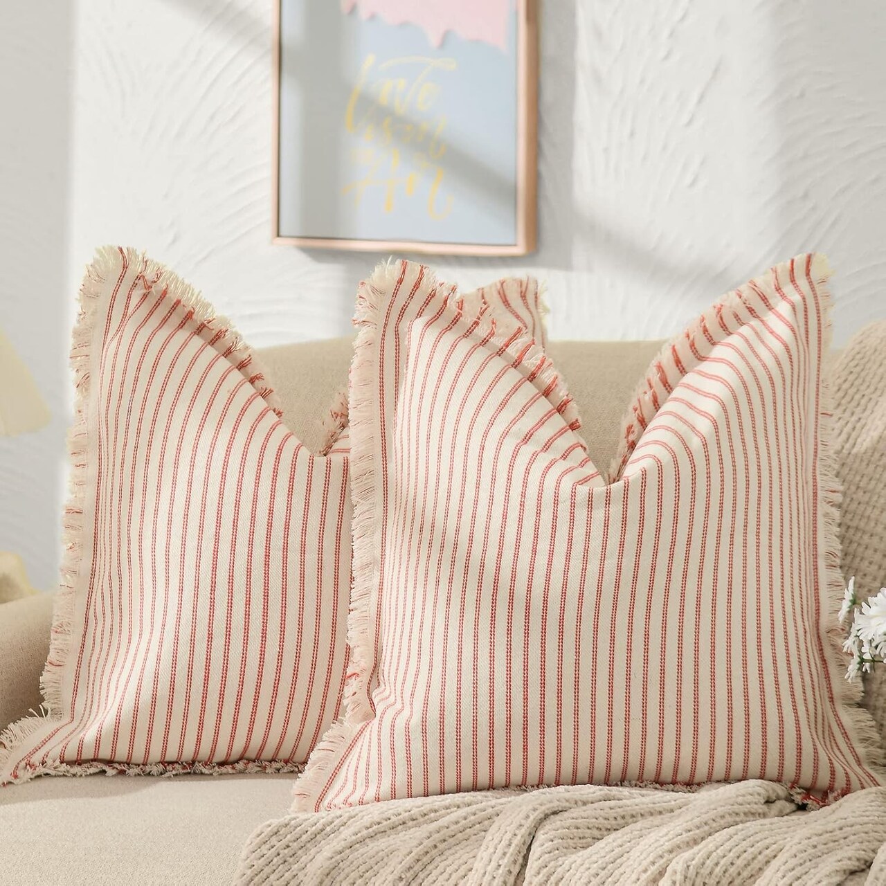 Throw Christmas Pillow Covers 18x18 Set of 2 Striped Pillow Covers with Fringe Chic Cotton Decorative Pillows Square Cushion Covers for Sofa Couch Bed Living Room Farmhouse Decor